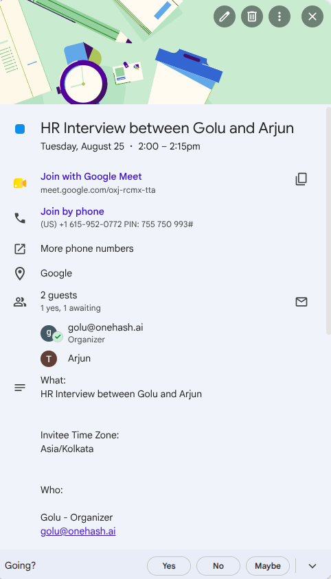 Calendar invitation showing yes, maybe, and no response options for the attendee