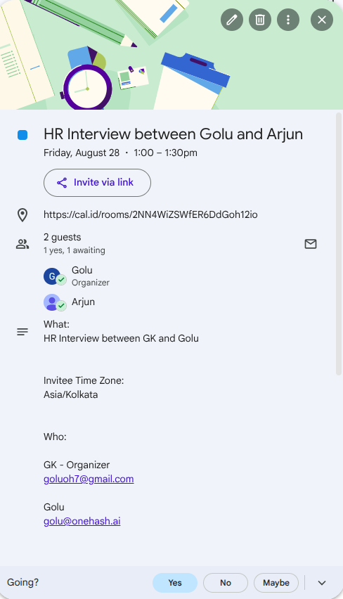 Calendar entry showing the attendee listed as accepted with no response needed