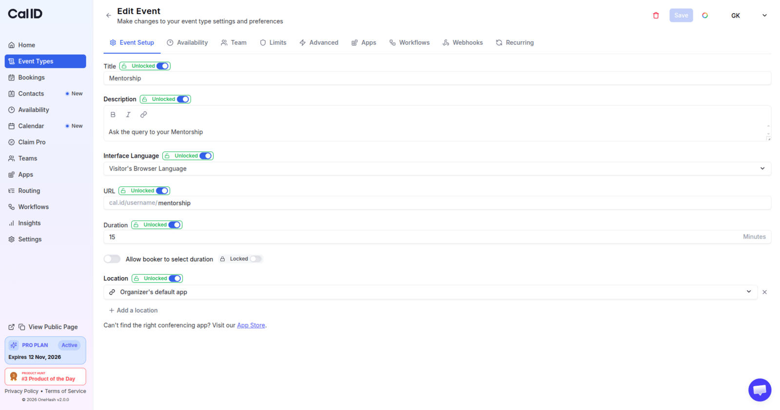 Lock icons next to managed event fields