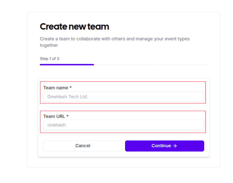 Entering team name and URL