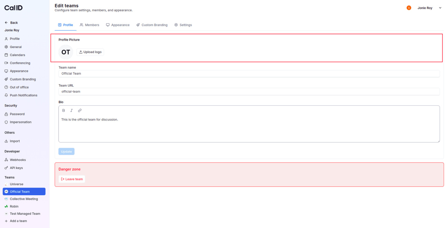 Uploading a team logo