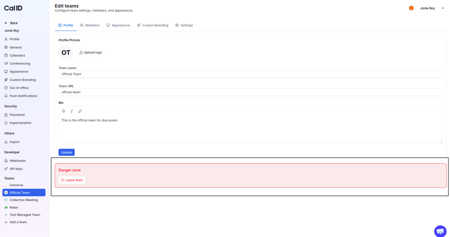 Disband team button in the Danger zone