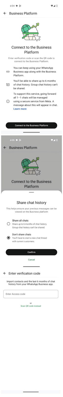 Entering the access code in the WhatsApp Business app