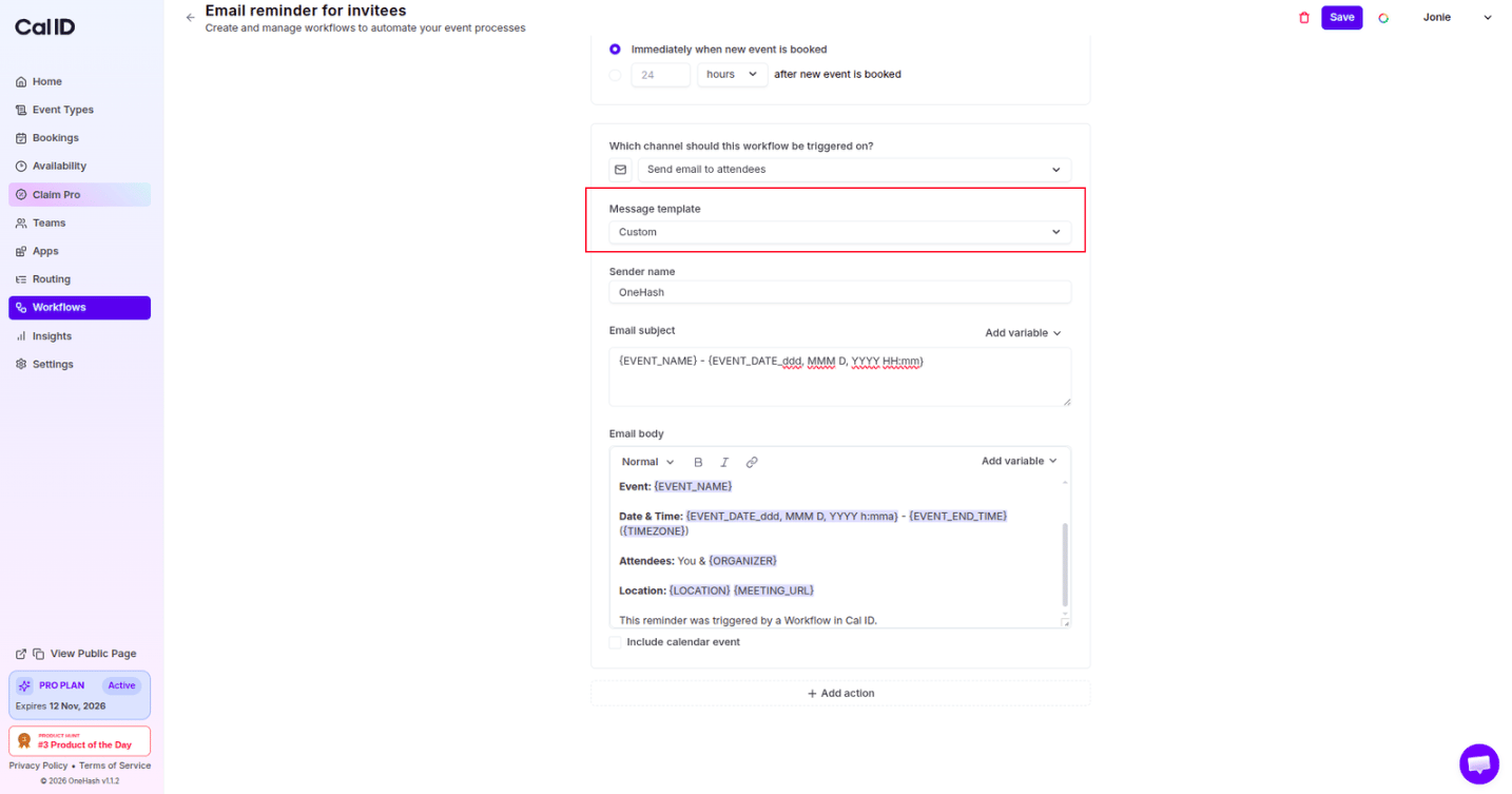 Selecting the custom message template
