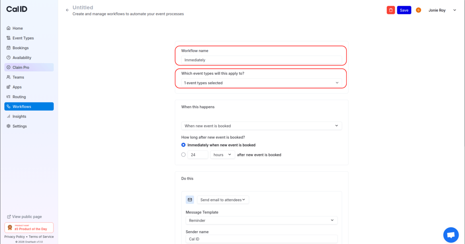 Naming and assigning a workflow to event types