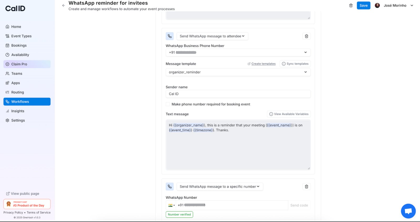 Selecting a WhatsApp Business number and template in a workflow