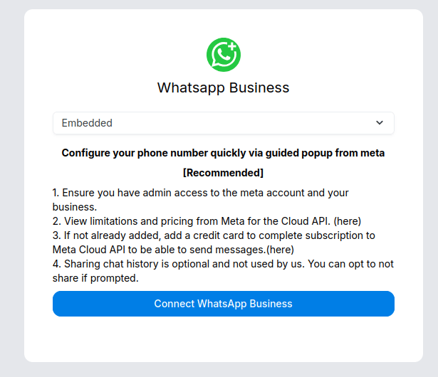 Connect WhatsApp Business prompt