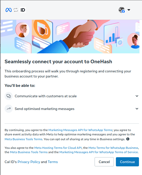 Confirmation screen with Continue button