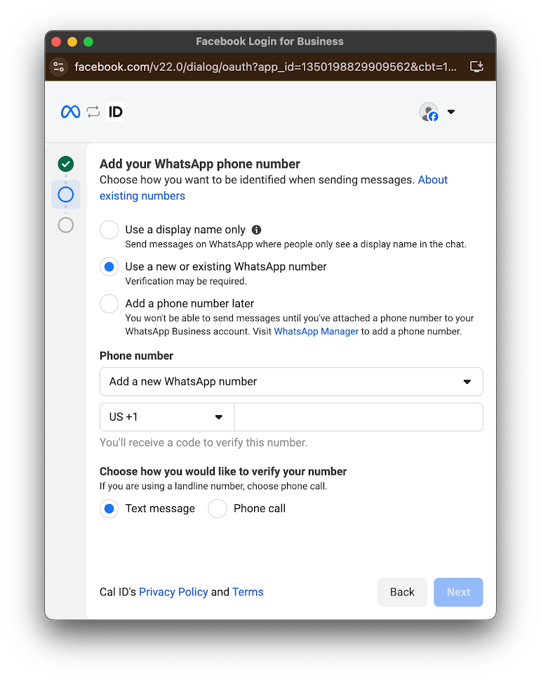Selecting the WhatsApp Business phone number