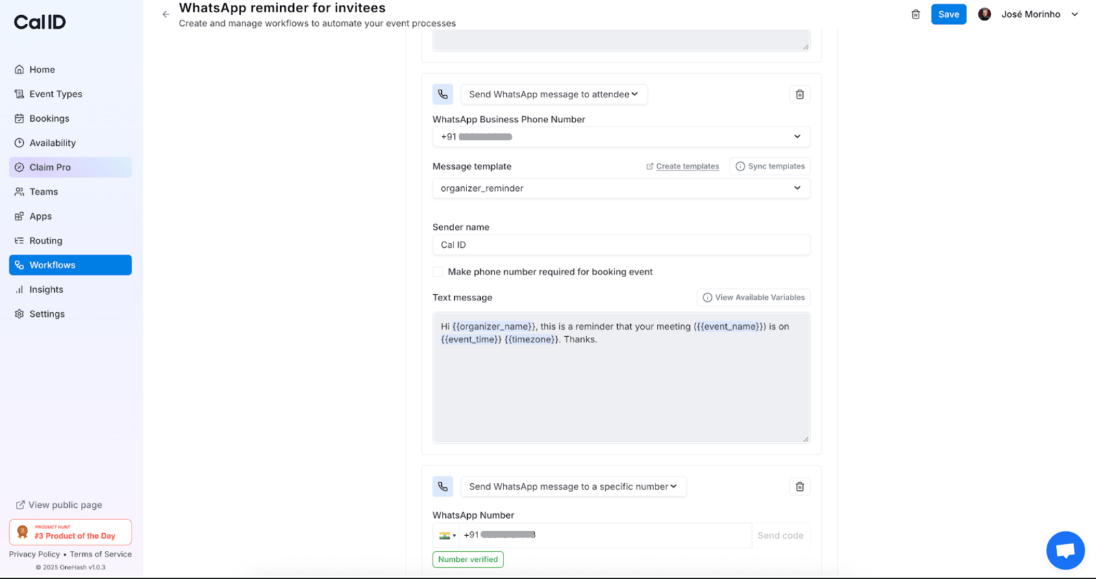 Selecting the WhatsApp Business number and template in a workflow