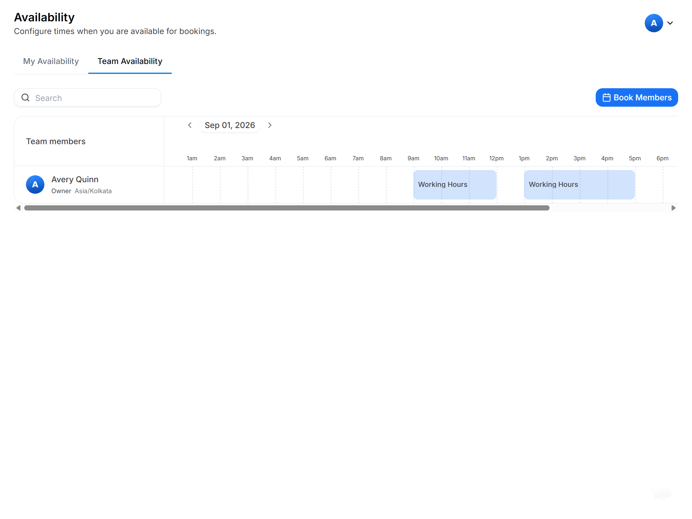 Availability page with the My Availability and Team Availability tabs at the top, Team Availability selected and its shared schedules listed below