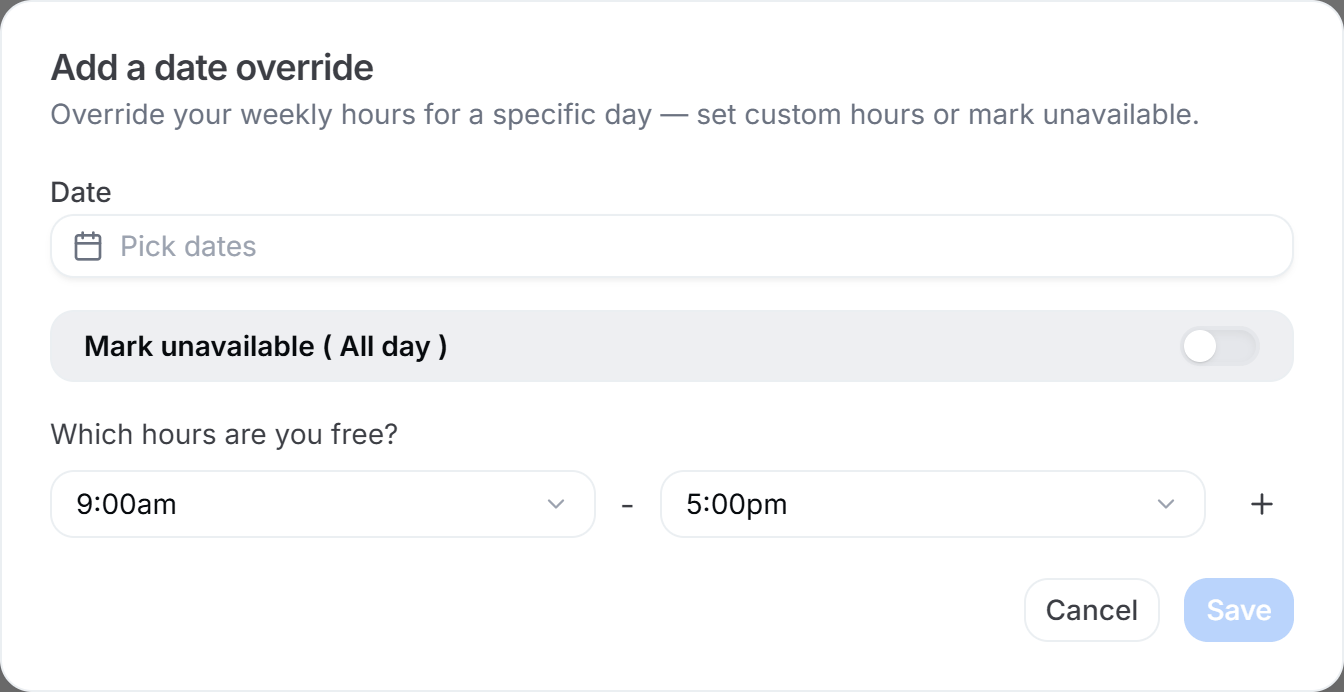 Date override dialog with a month calendar on the left, start and end time fields on the right, and the Mark unavailable (All day) toggle above the Add Override button
