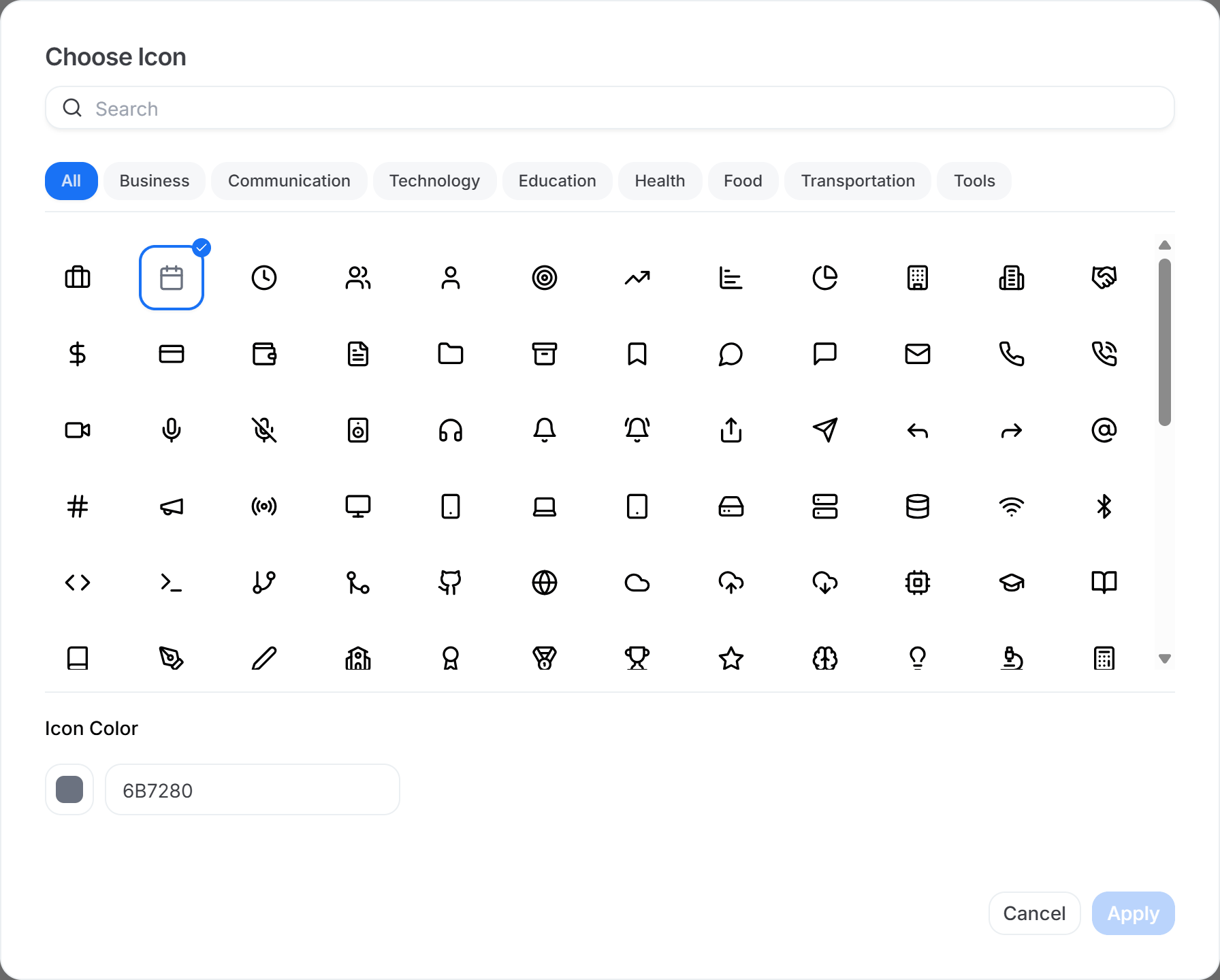 Choose Icon dialog with a search bar and icons grouped into Business, Communication, and Education categories