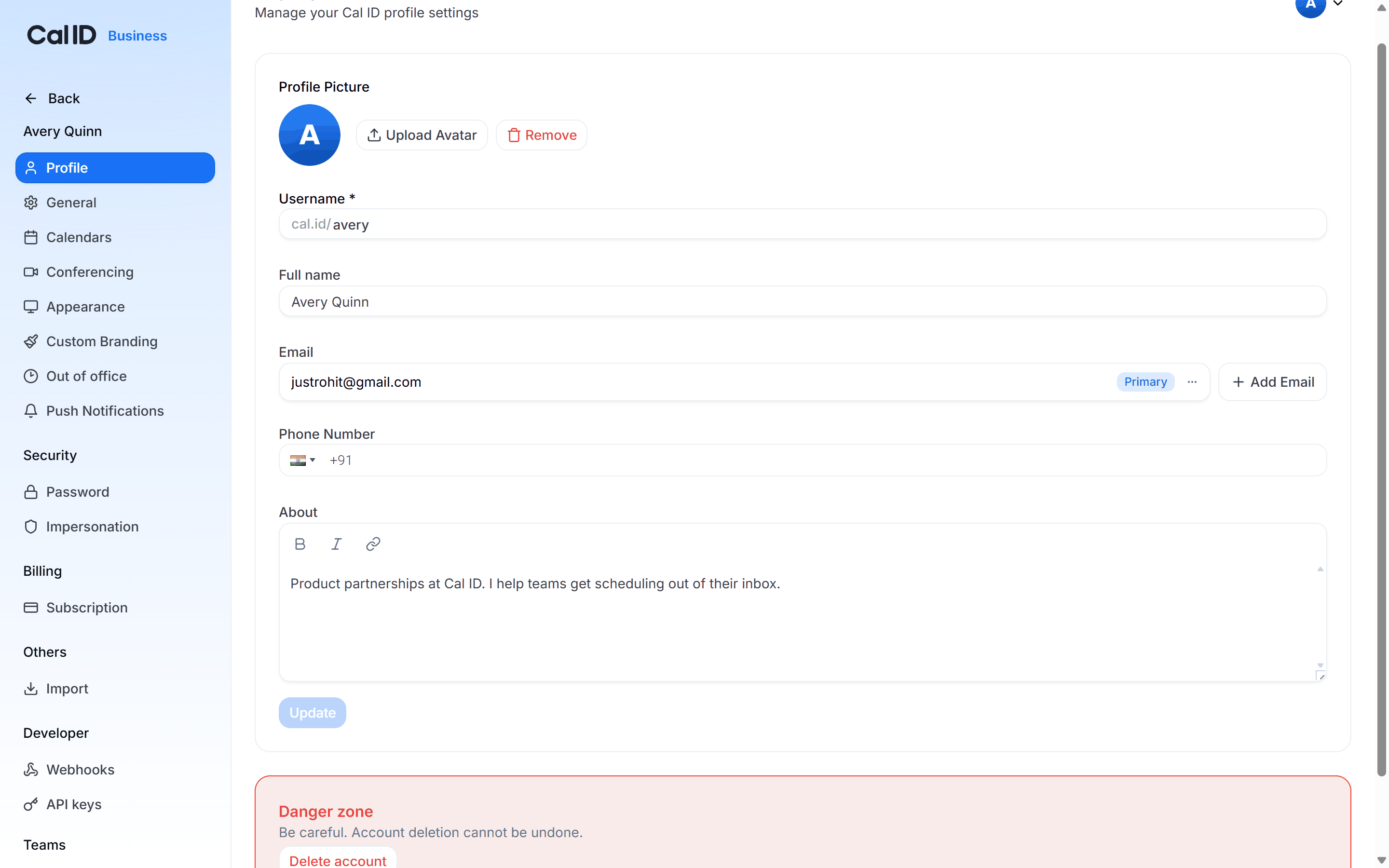 Profile page phone number field with a country-code dropdown, a "Number is valid" badge, and the checkbox allowing bookers to reach you on WhatsApp