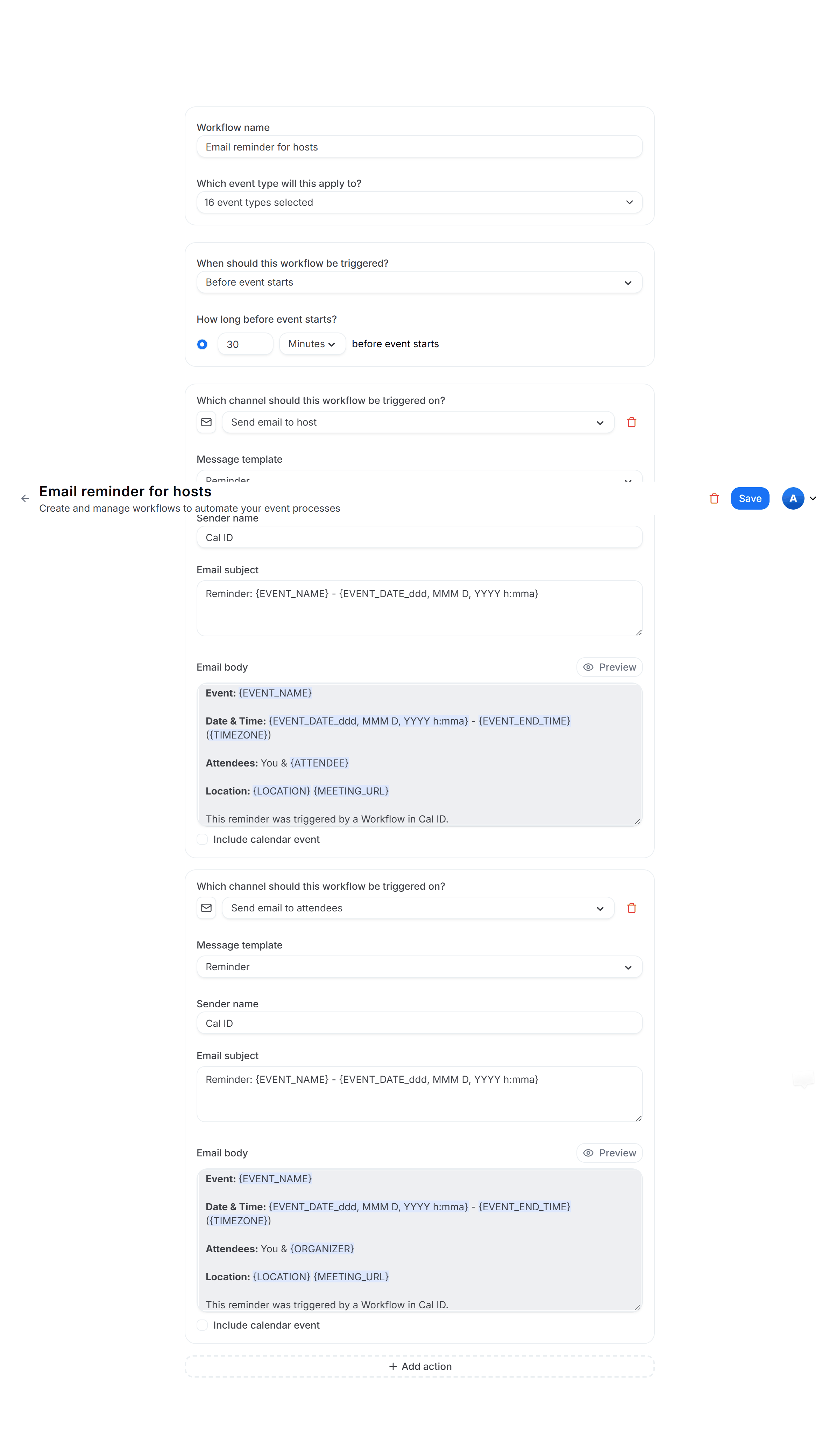 Top of the workflow editor with the workflow name field above a checkbox list of event types