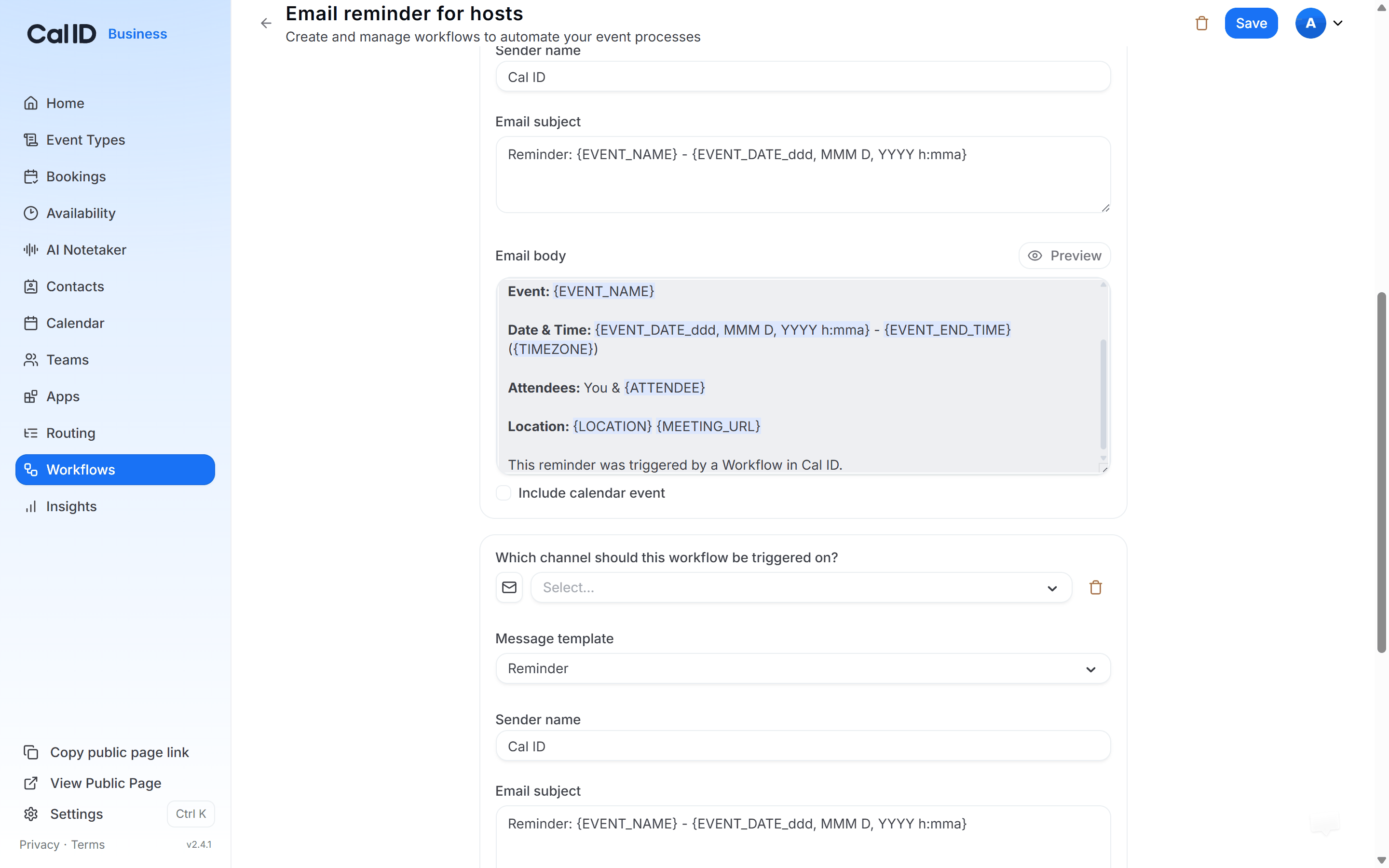 Workflow editor with the trigger dropdown open, listing options such as Before event starts and New event booked