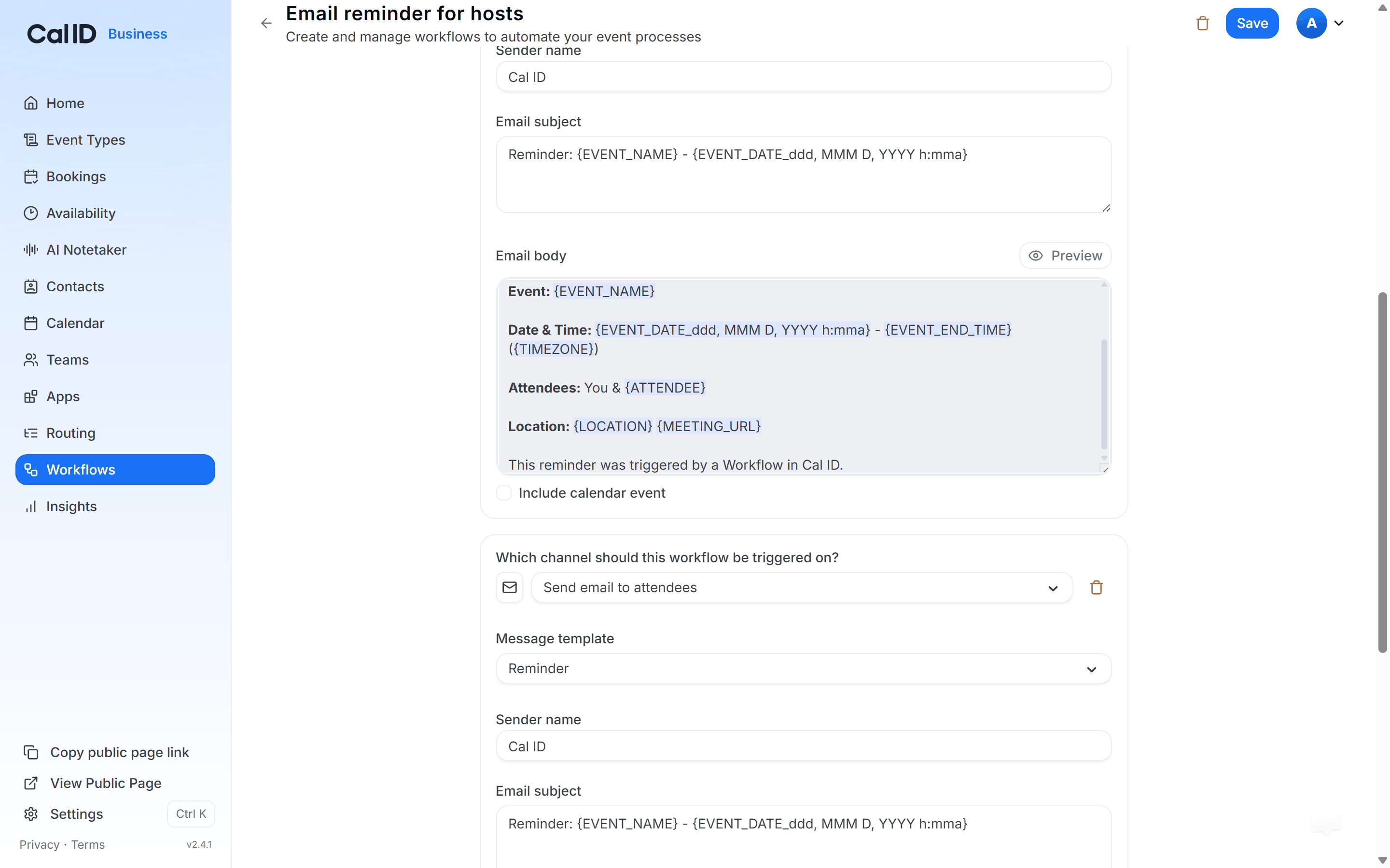 Workflow editor with the action dropdown open, listing options such as Send email to attendee and Send SMS to a specific number