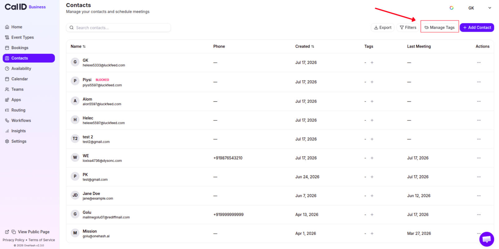 Contacts page with the Manage Tags button in the top toolbar beside Add Contact