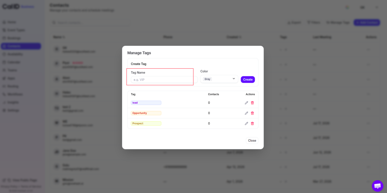 Tag selector open on a contact row, listing the existing coloured tags with checkboxes and a Save button