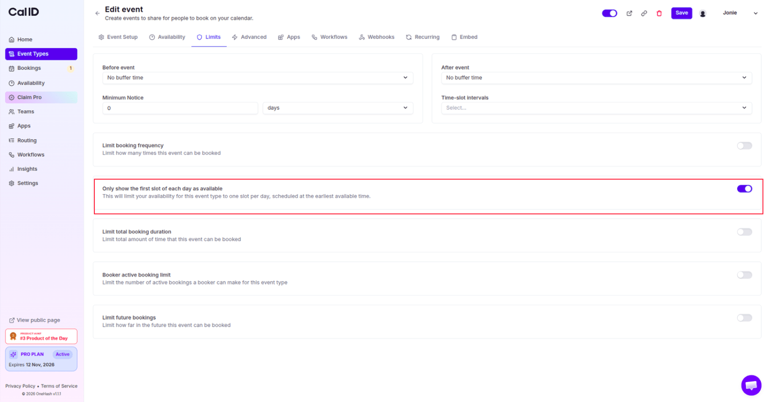 Enabling the only show the first slot of each day toggle in the Limits tab