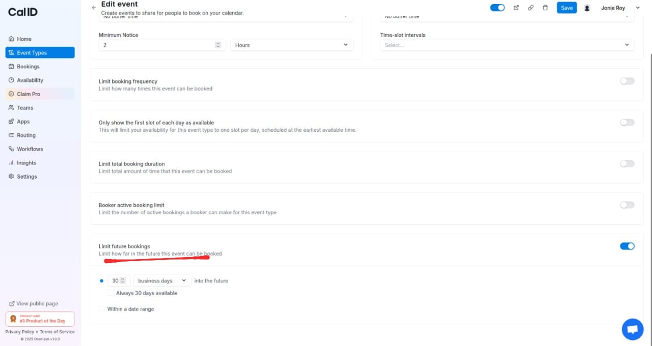 The Limit future booking setting in the Limits tab