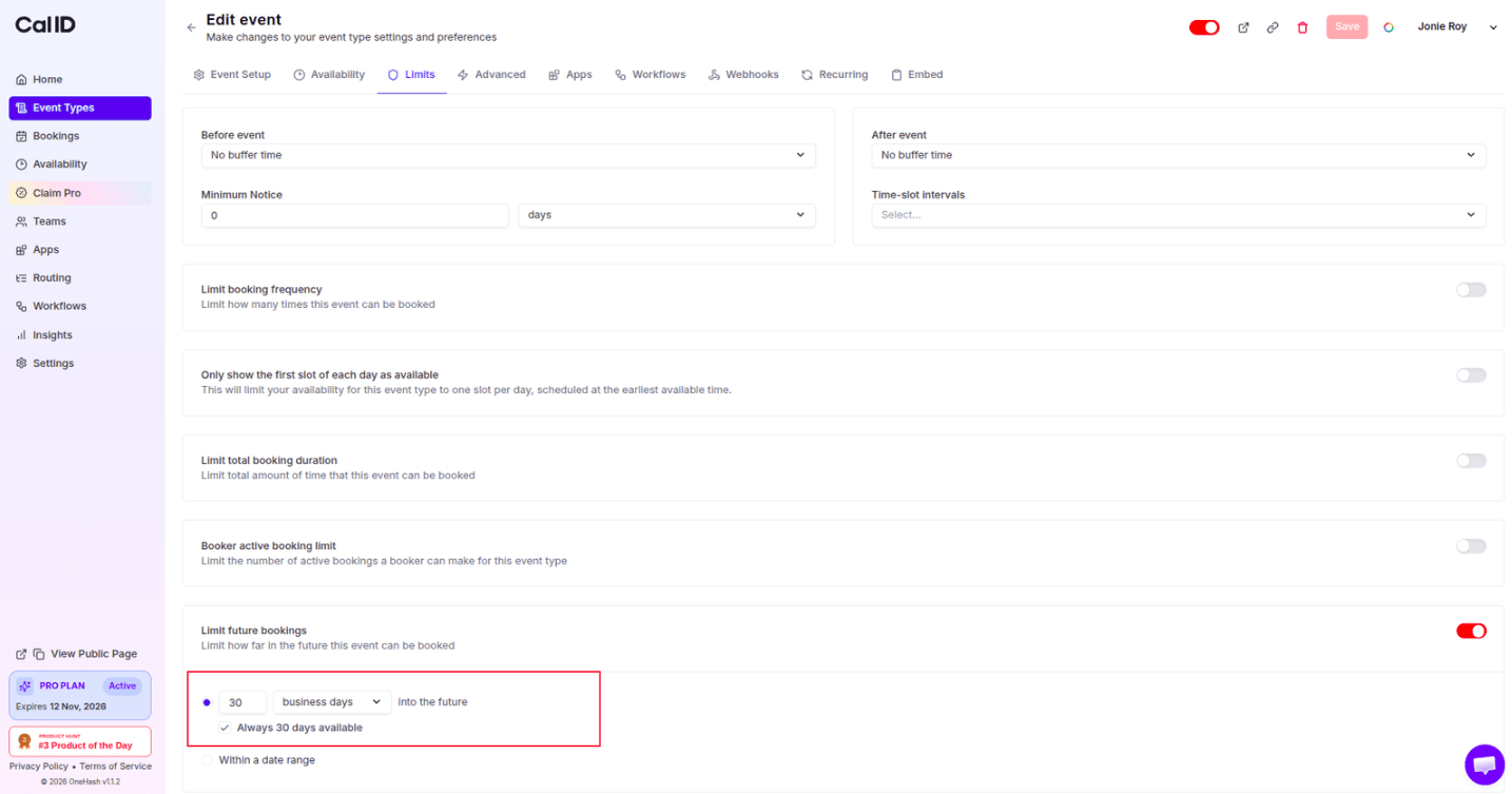 Configuring a rolling 30-day booking window