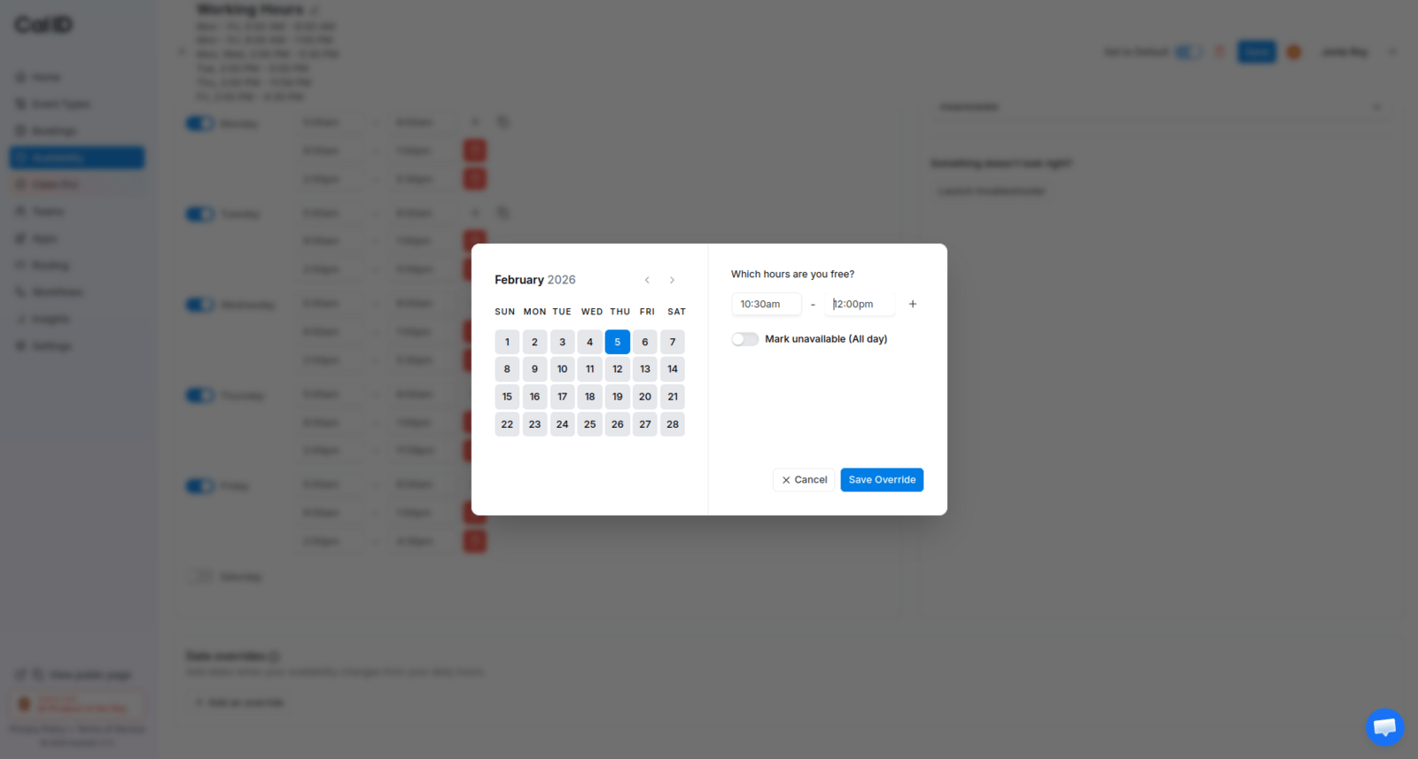 Date Override with a specific time slot
