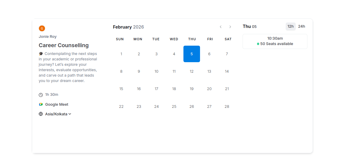Booker view showing a single event slot with seats