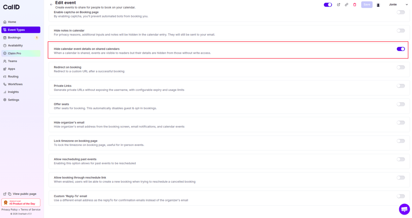 Hide calendar event details toggle