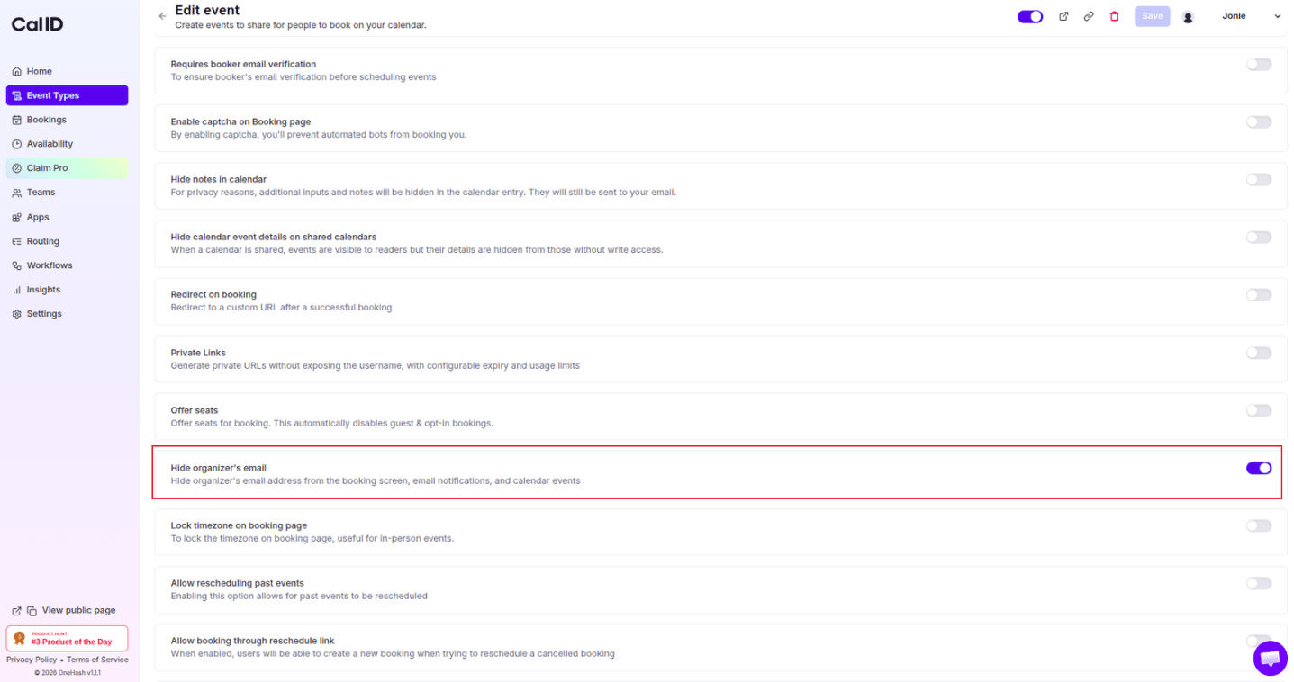 Hide organizer's email toggle