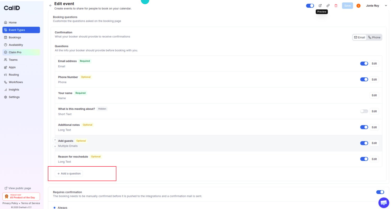 The Add a question button in the Booking questions section