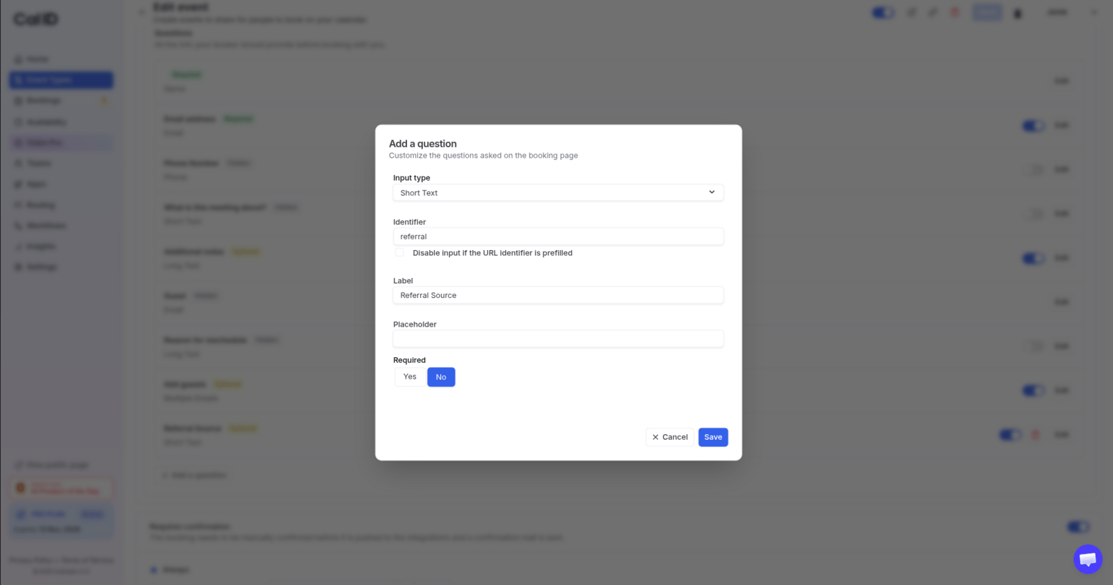 Setting the label and identifier for a new booking question