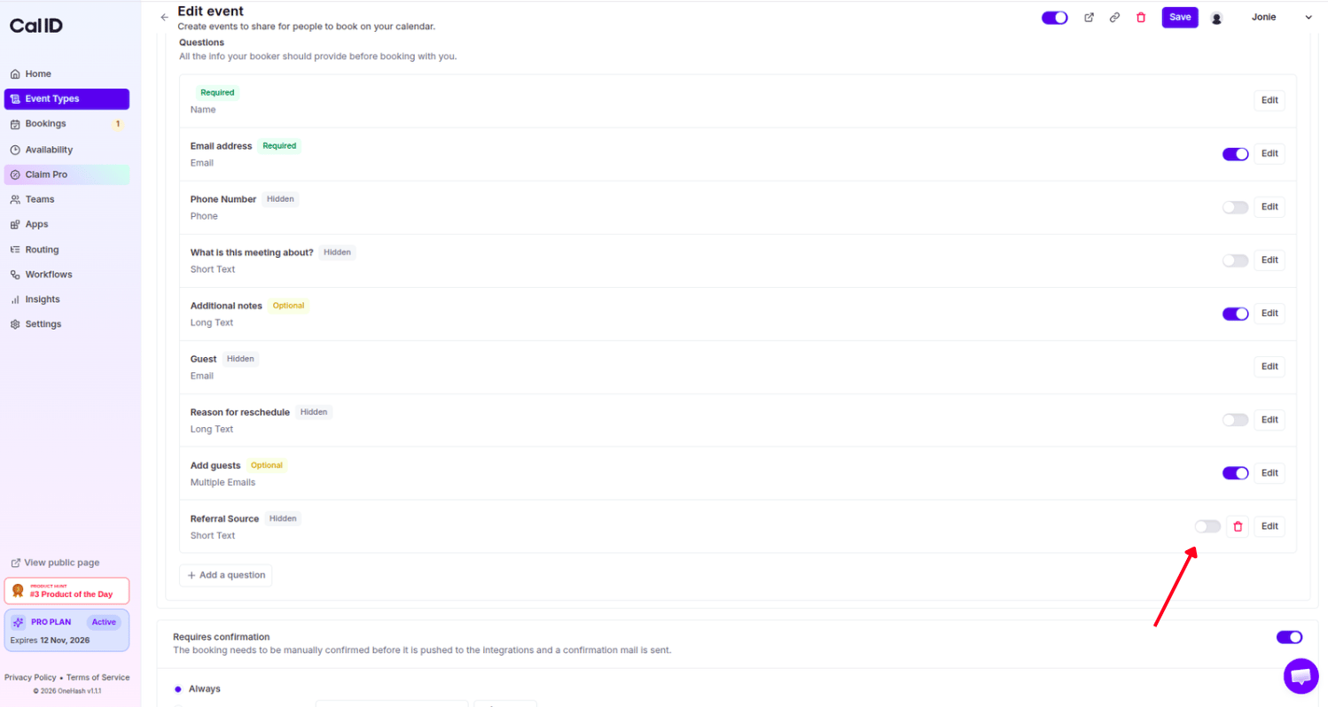 Setting a booking question to Hidden