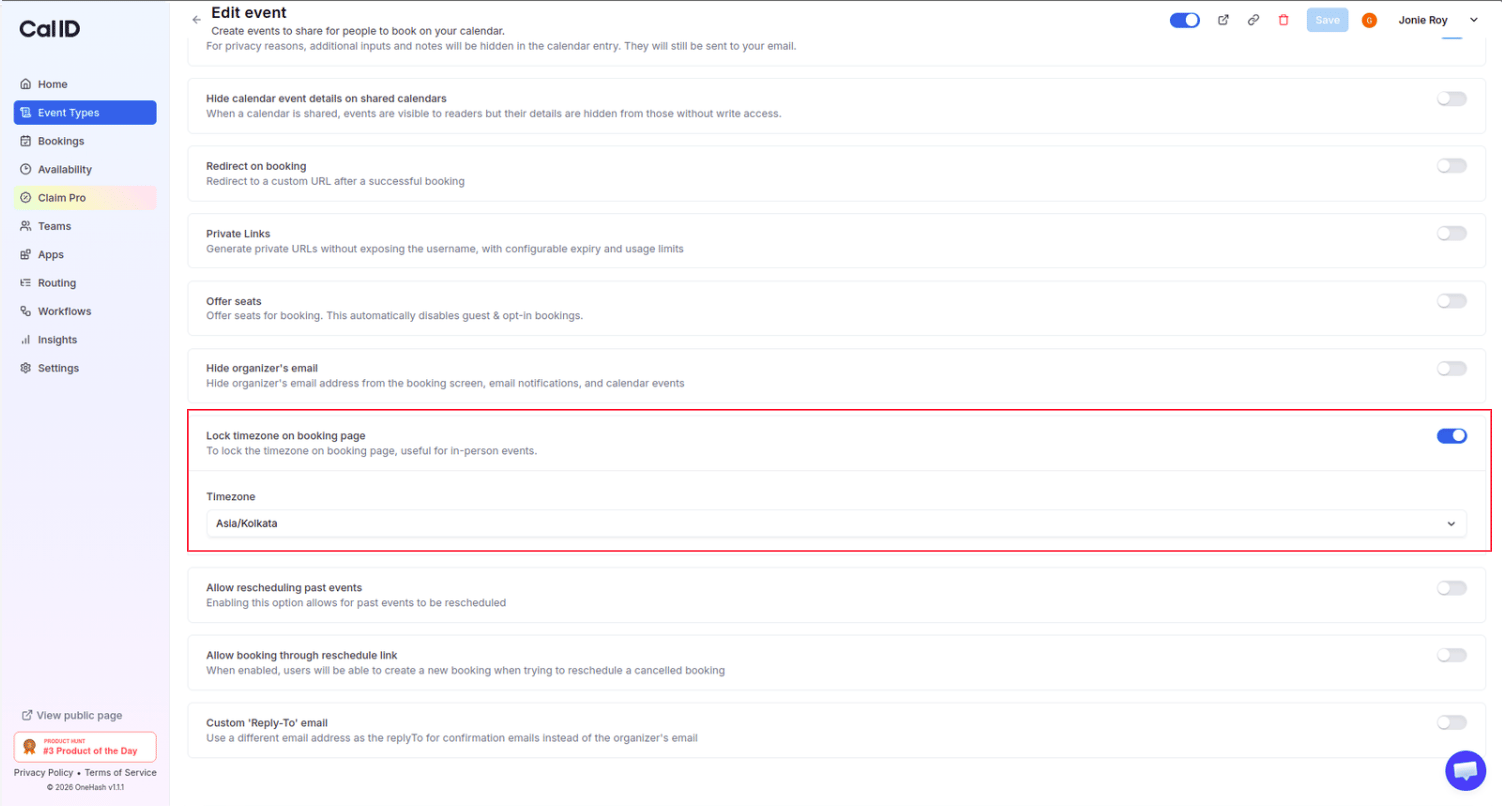 Lock timezone on booking page toggle