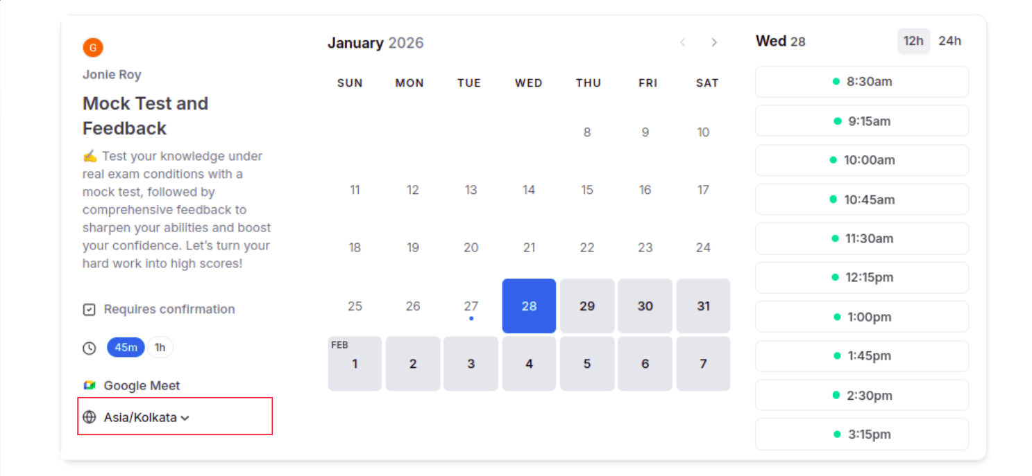 Booking page with locked timezone indicator
