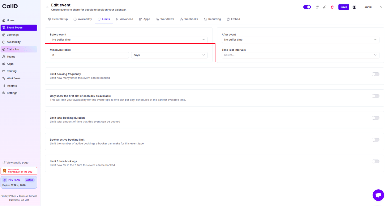 Setting the minimum booking notice in the Limits tab