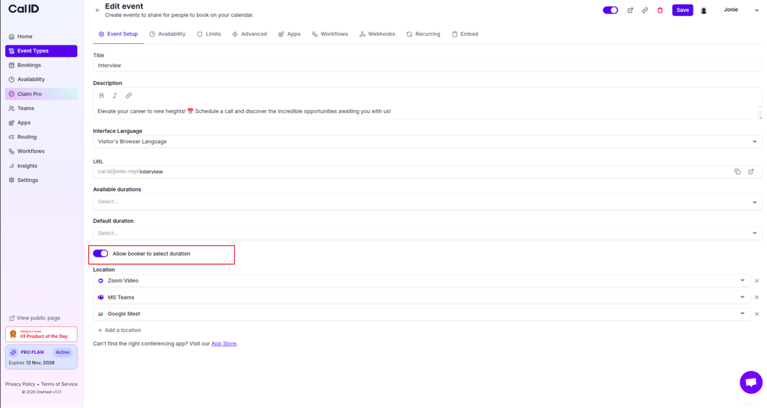 Allow booker to select duration toggle