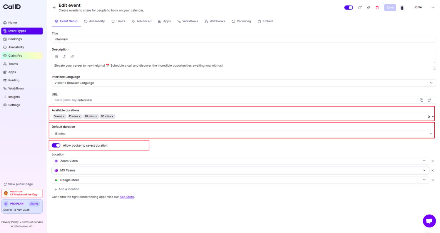 Available durations and default duration