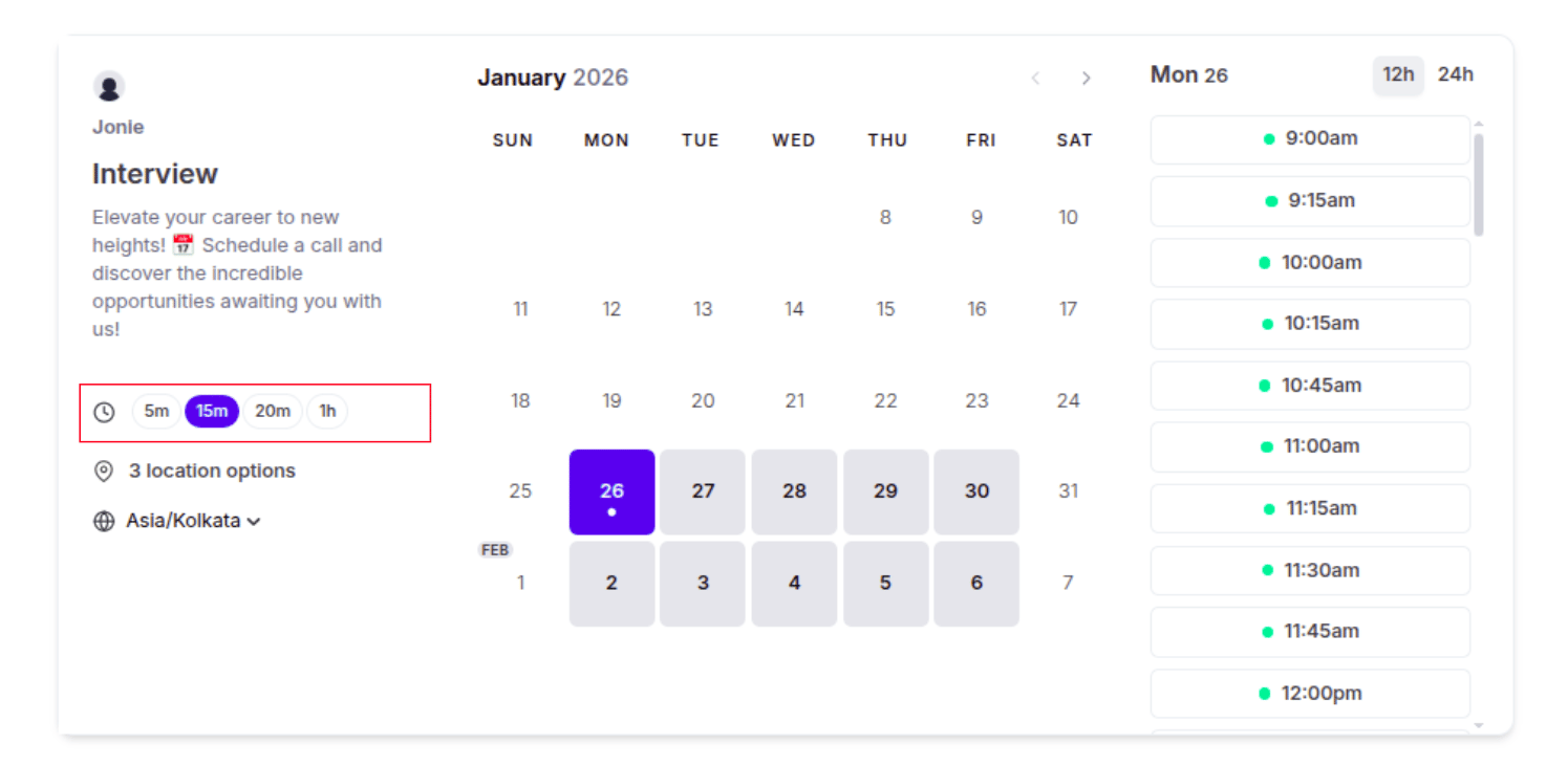 Duration options on the booking page