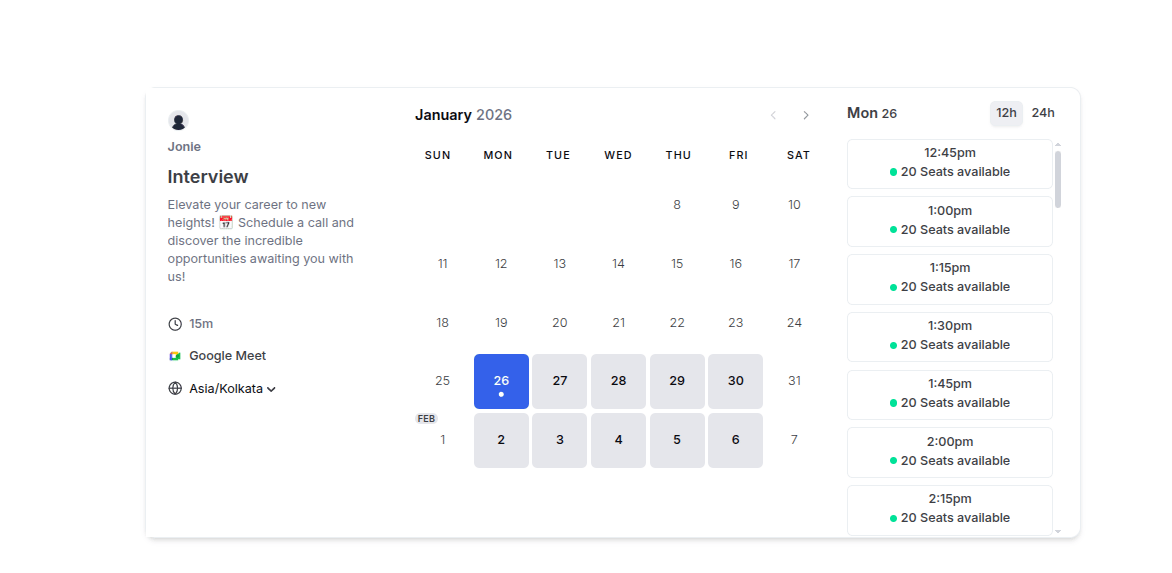 Booking page showing available seats
