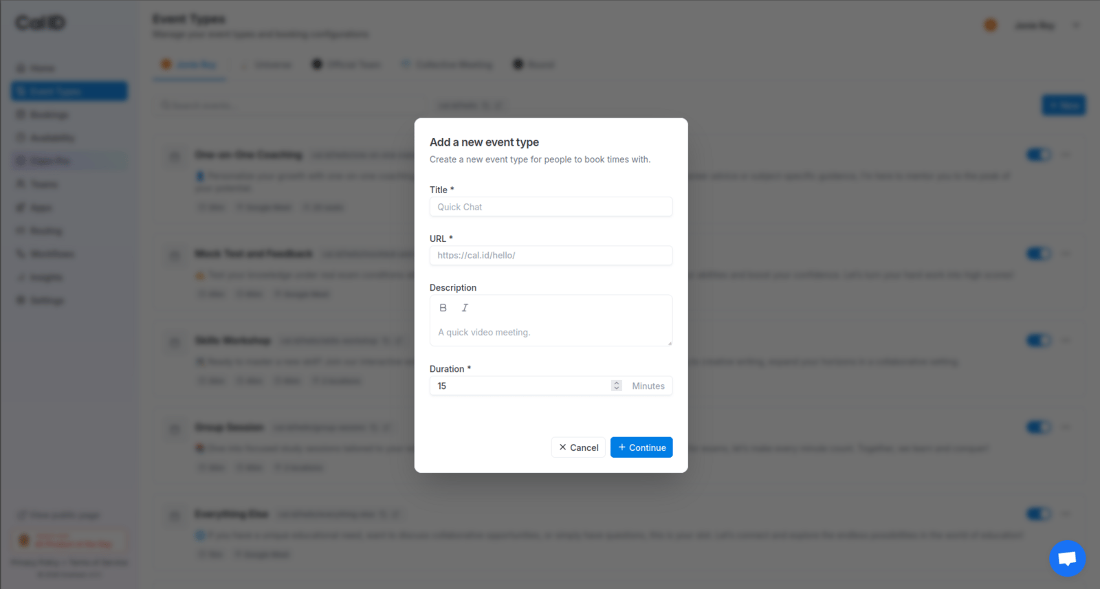Add new event type pop-up