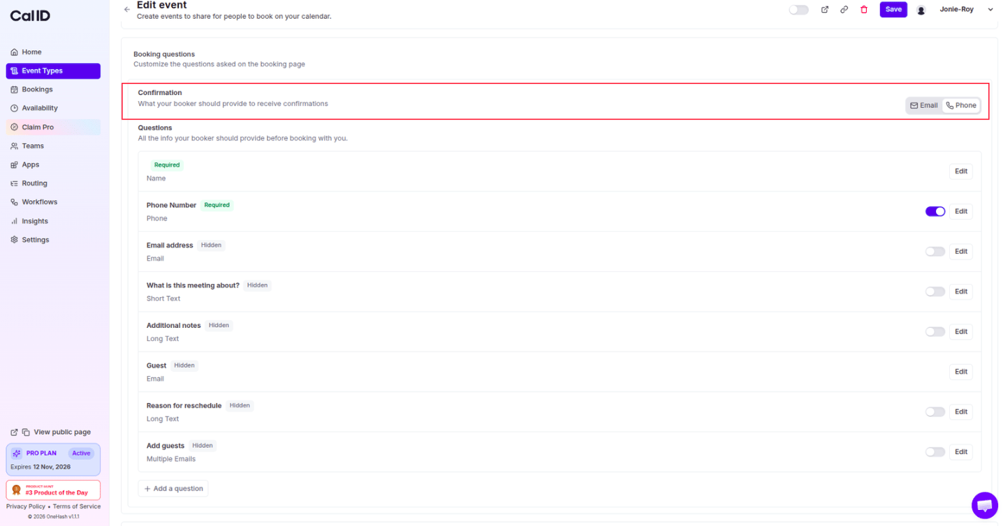 The Email and Phone toggle in the Confirmation section