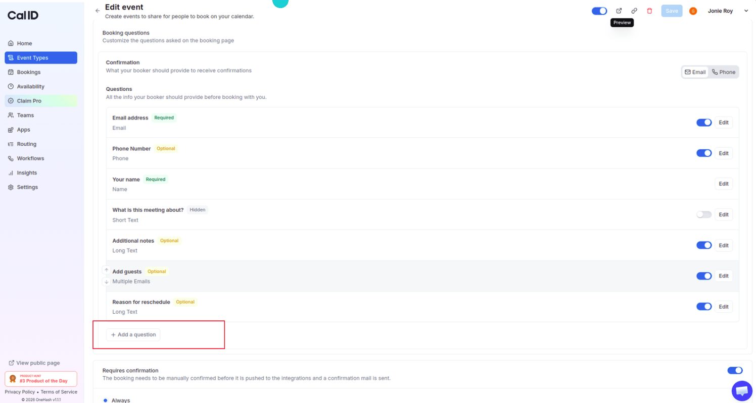 The Add a question button in the Booking questions section