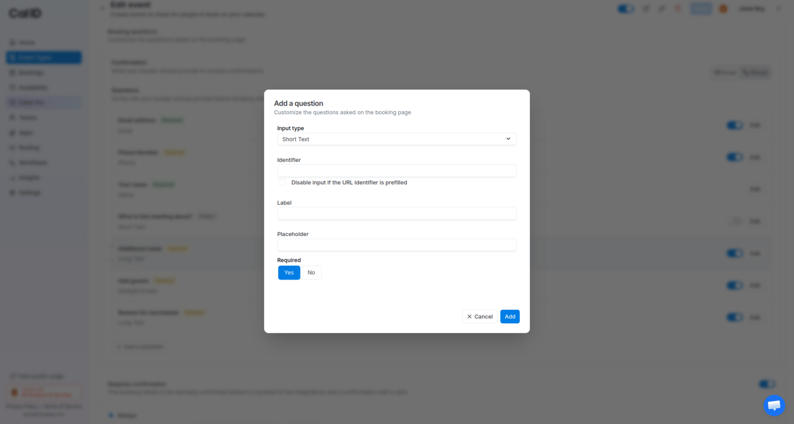 Configuring a new booking question input type and label