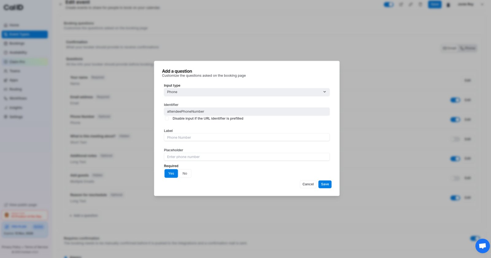 Setting the label and placeholder for a booking question