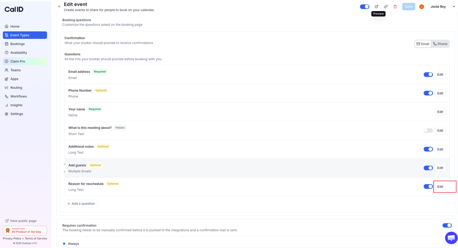 Editing an existing booking question