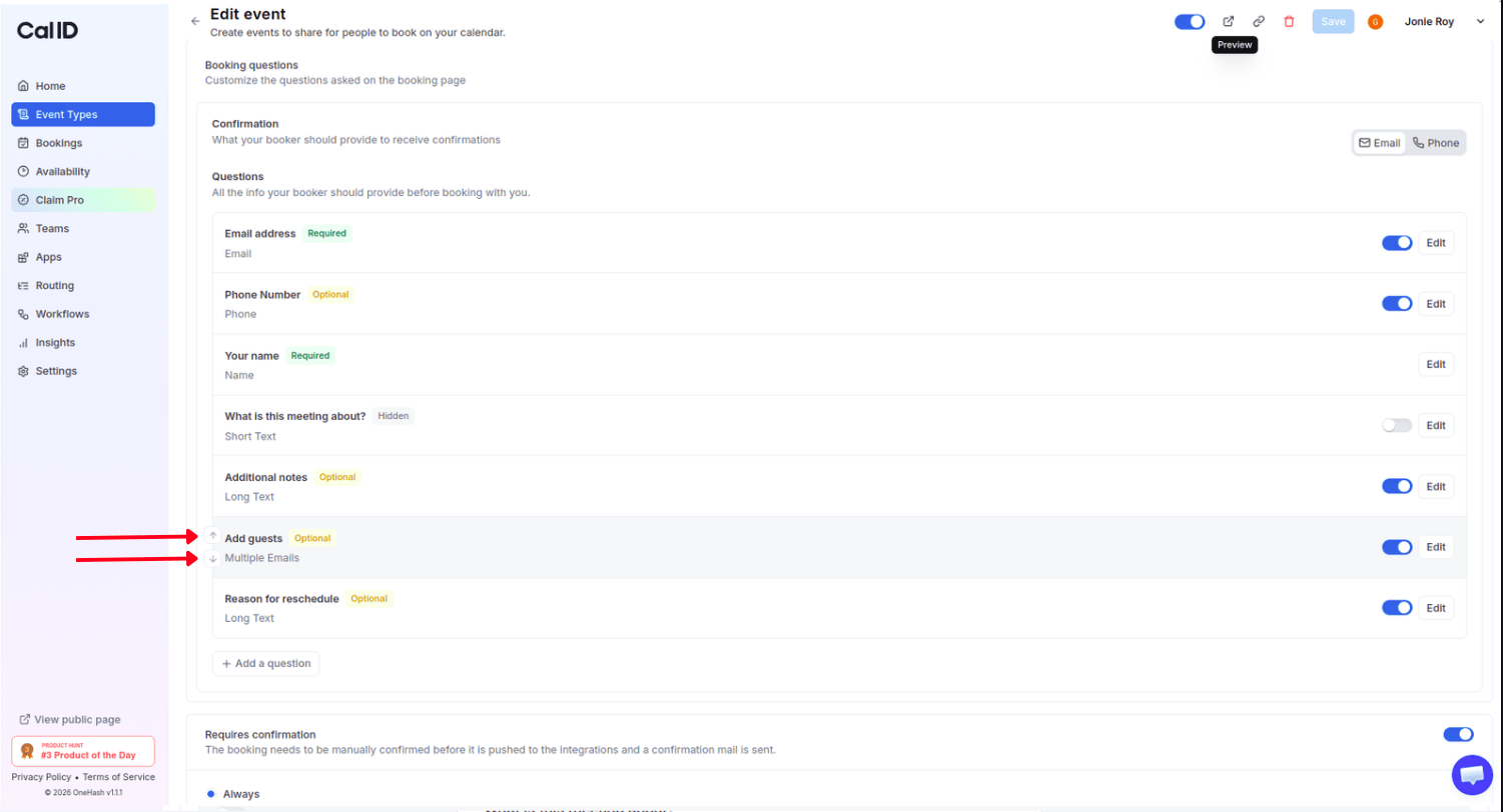 Reordering booking questions with the arrow icons