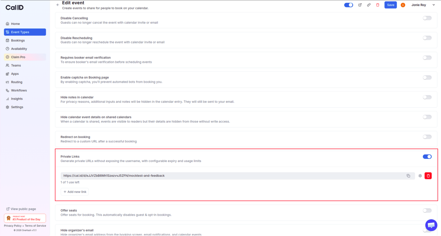 Private Links toggle
