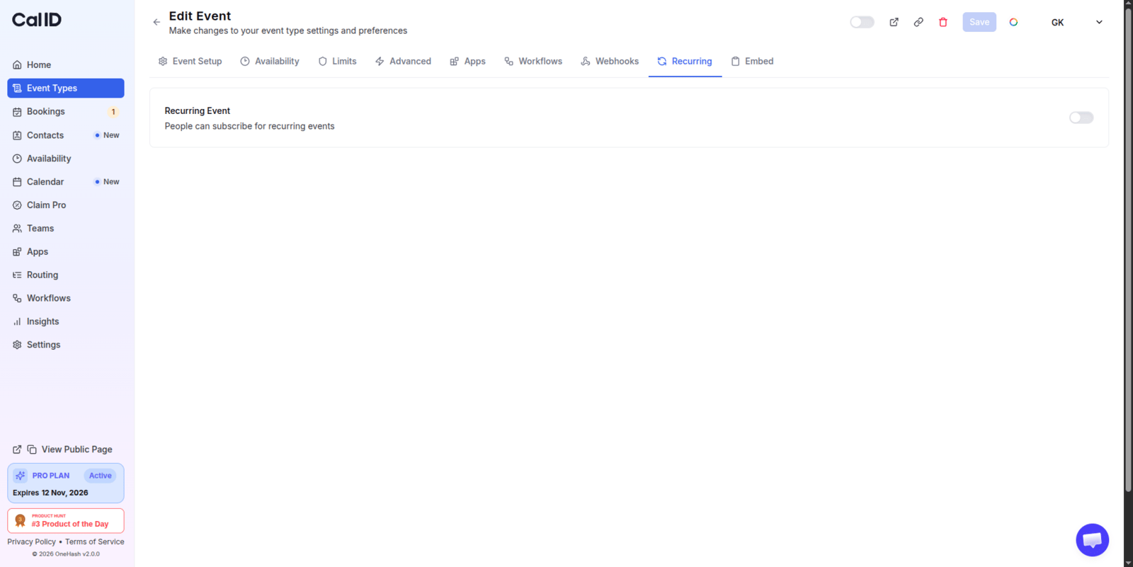Recurring tab in the event editor