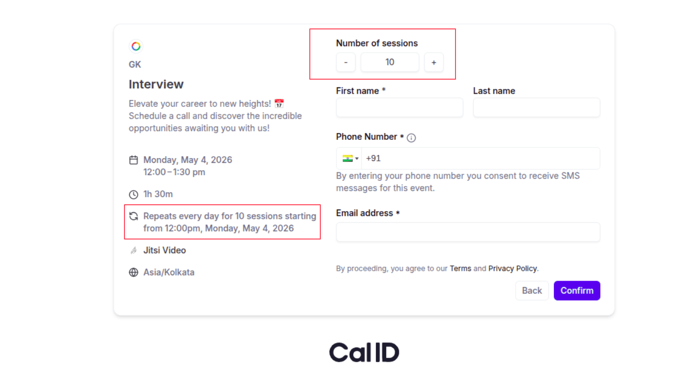 Attendee selecting session quantity